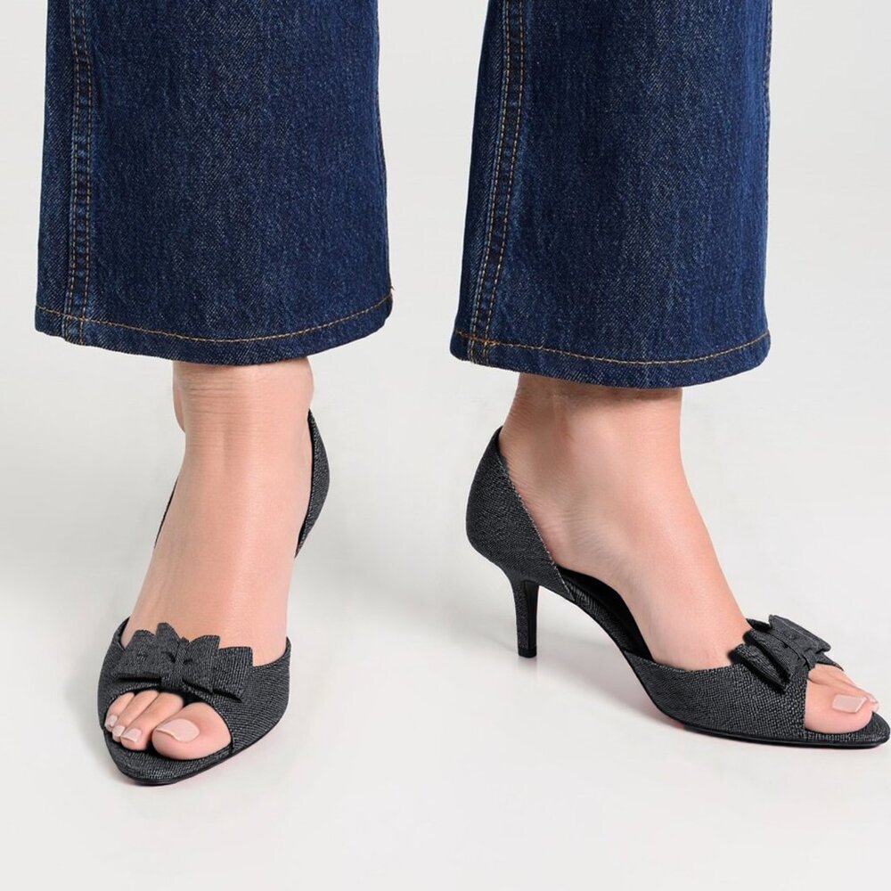 Nina New York d'Orsay Peep Toe Pump Glitter Fabric Grey Gunmetal Kitten Heel